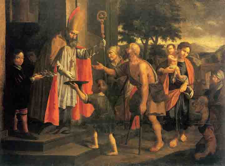Sint Nicolaas geeft aalmoezen aan bedelend kind