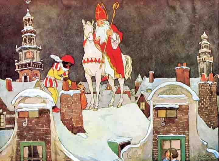 Sinterklaas op zijn schimmel, samen met Piet langs de schoorstenen