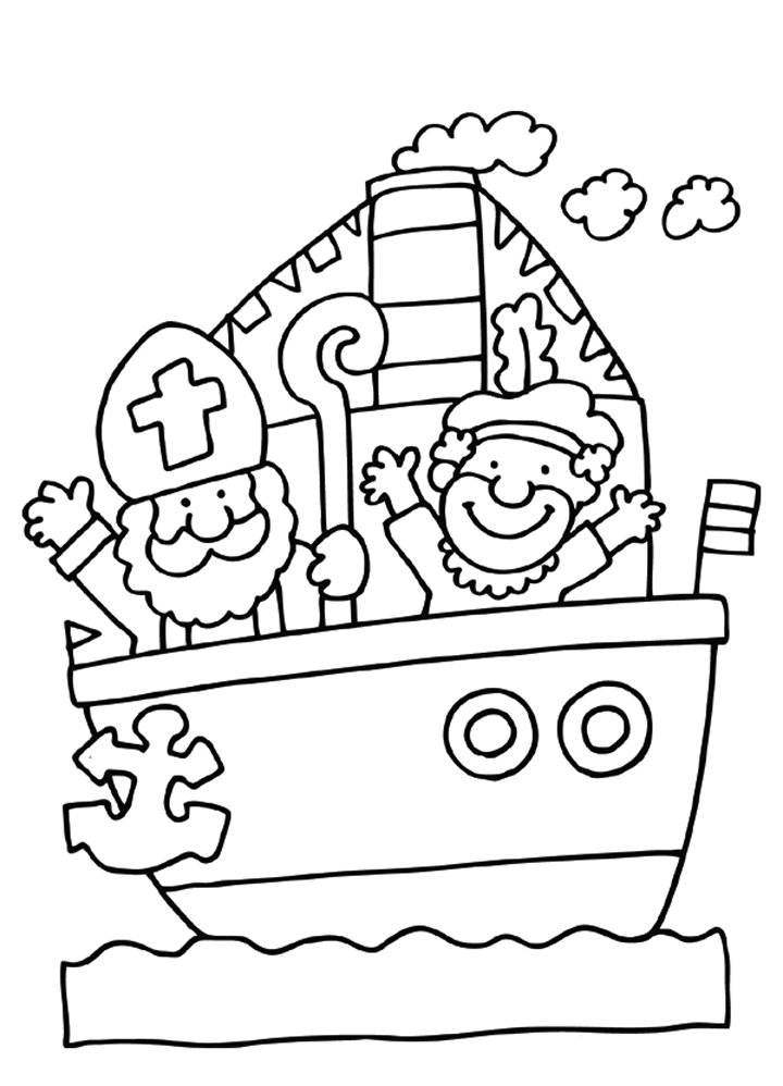Makkelijke kleurplaat Sint en Piet op stoomboot