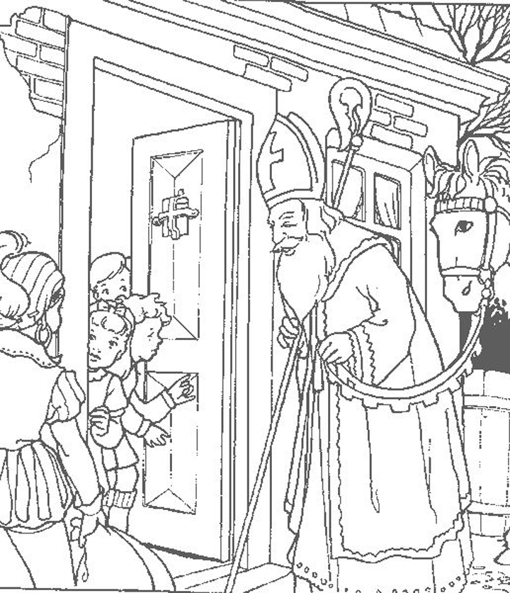 Kleurplaat Sinterklaas en Piet aan de deur