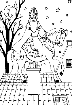Kleurplaat Sint met paard op het dak
